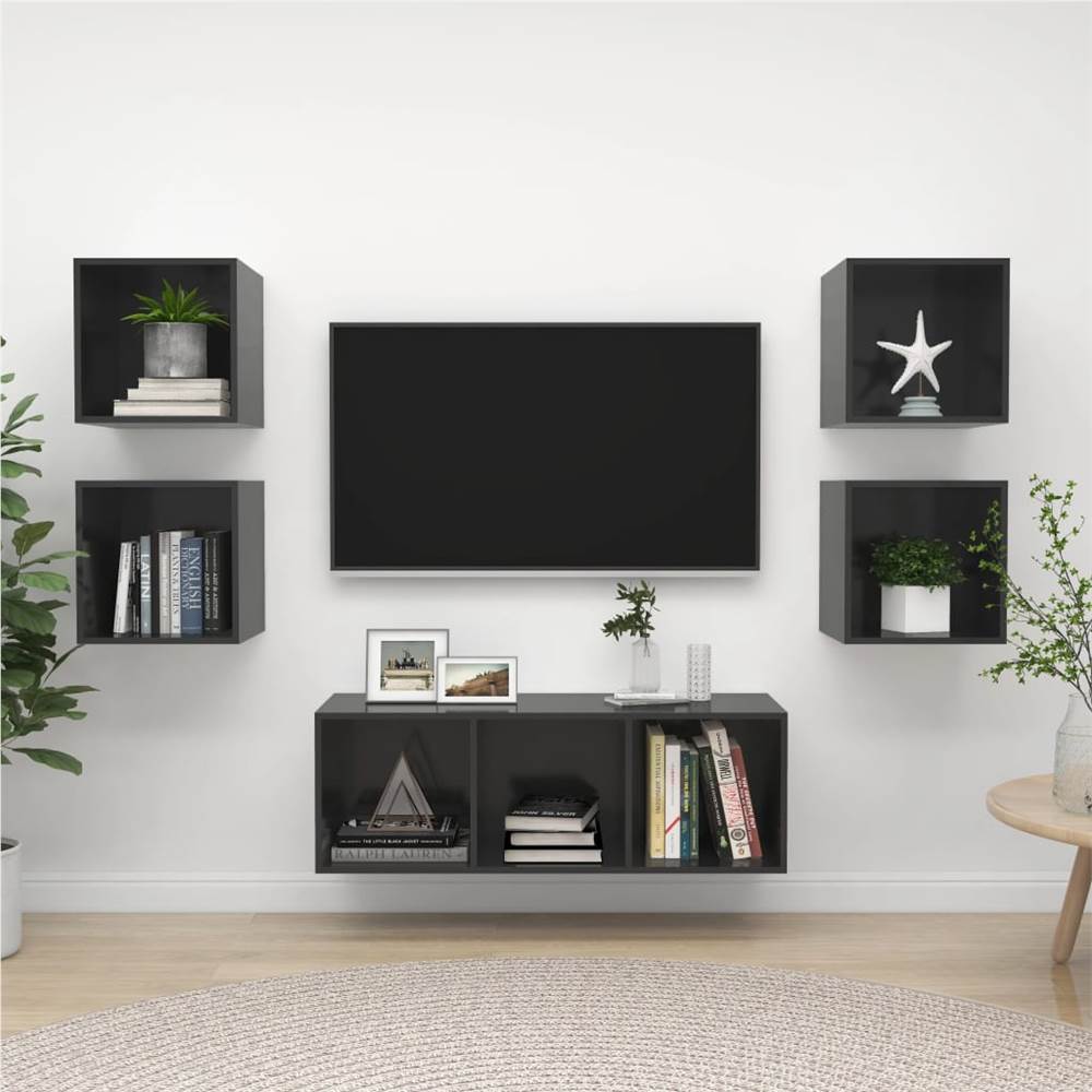 

5 Piece TV Cabinet Set High Gloss Grey Chipboard