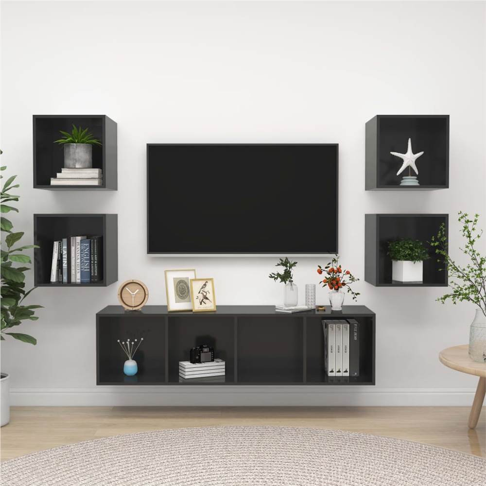 

5 Piece TV Cabinet Set High Gloss Grey Chipboard