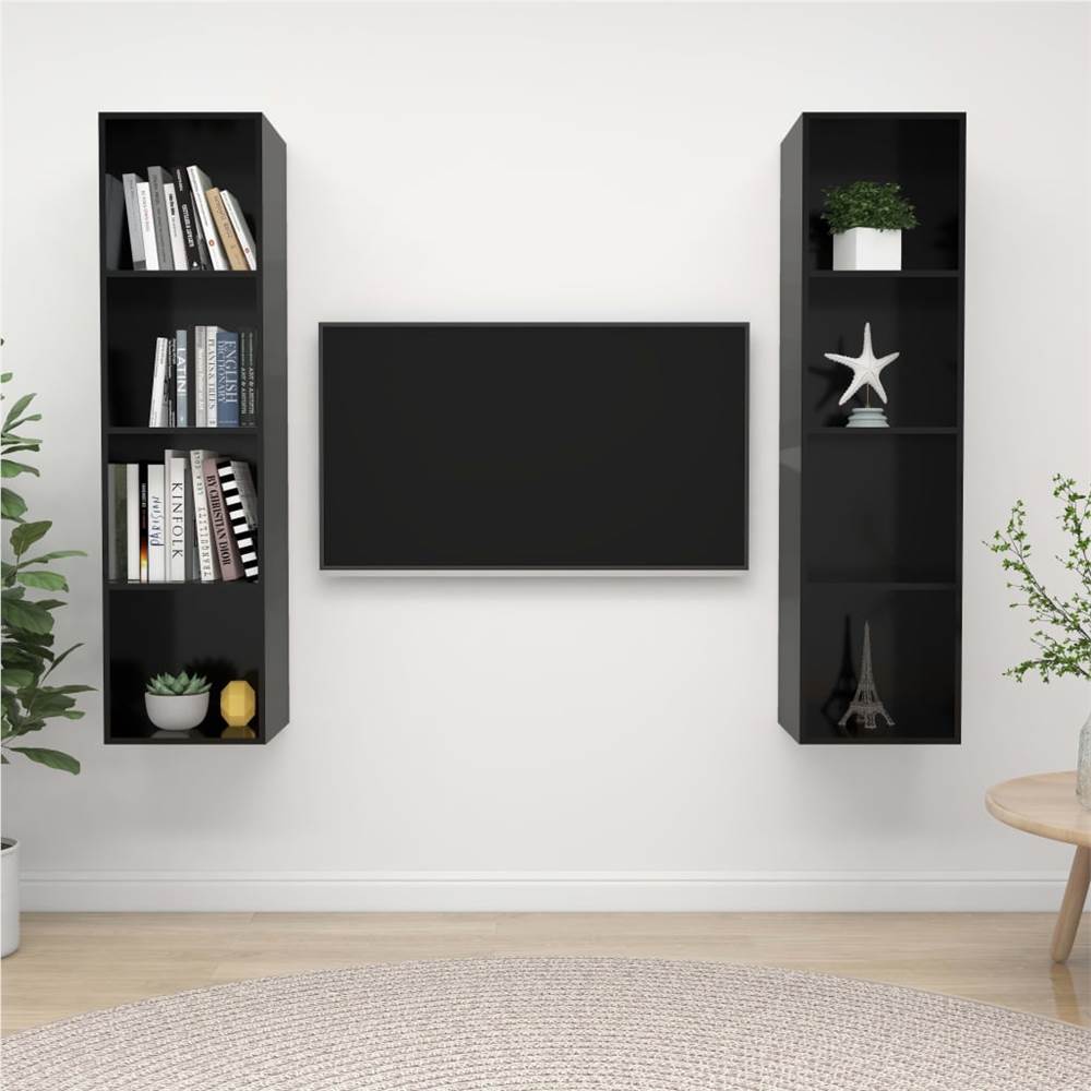 

Wall-mounted TV Cabinets 2 pcs High Gloss Black Chipboard