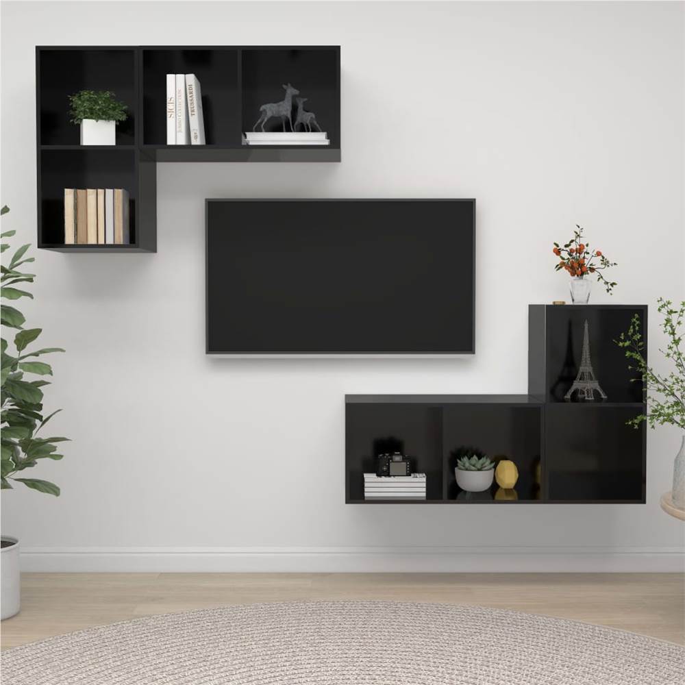 Duvar Tipi TV Kabinleri 4 Adet High Gloss Siyah Sunta