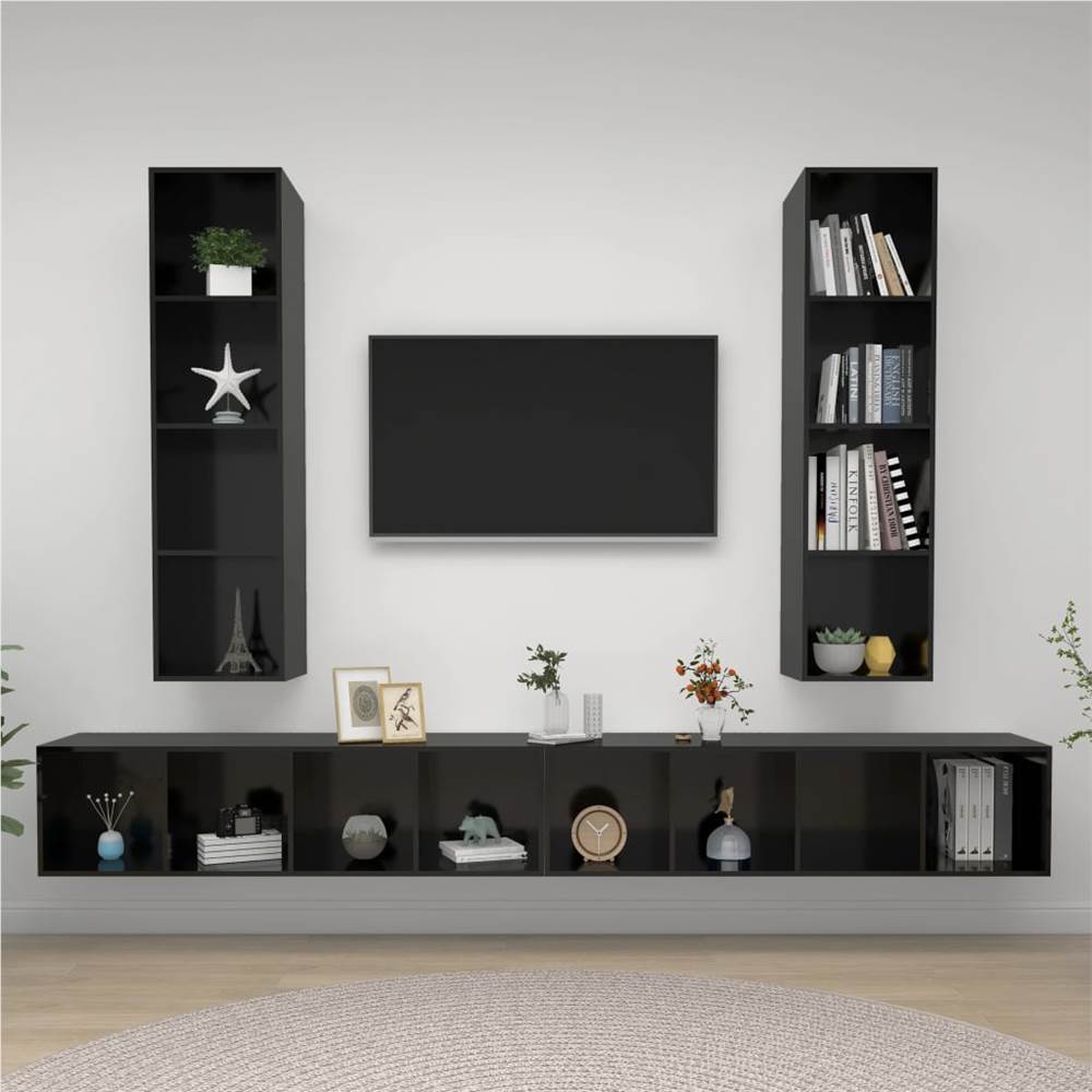 

Wall-mounted TV Cabinets 4 pcs High Gloss Black Chipboard