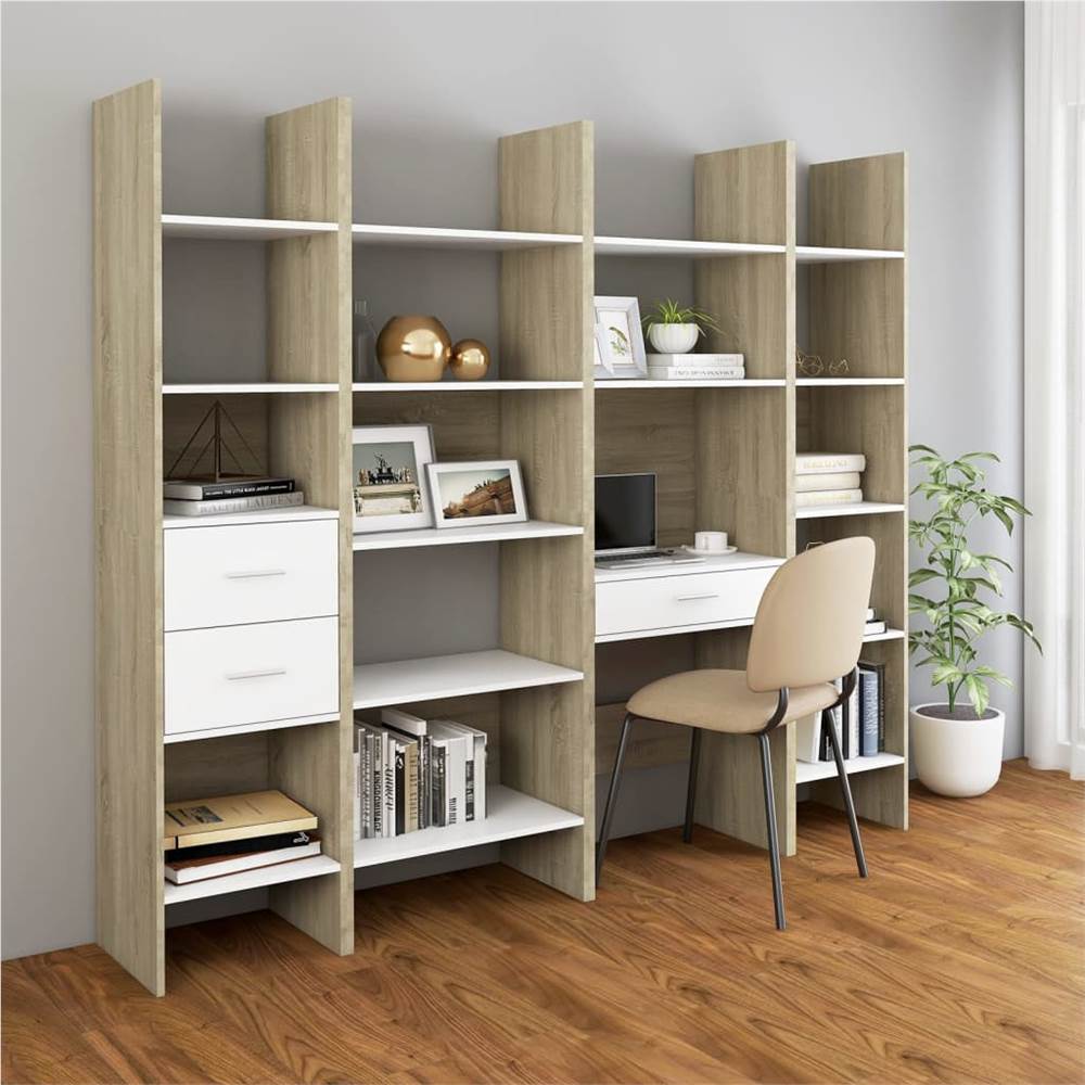 

4 Piece Book Cabinet Set White and Sonoma Oak Chipboard