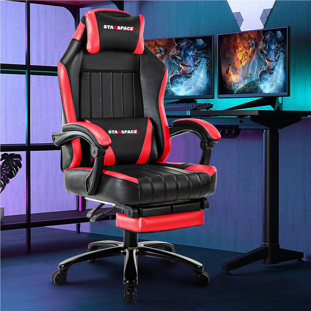 

Home Office PU Leather Adjustable Massage Gaming Chair with Ergonomic High Backrest, Footrest, and Lumbar Support - Red