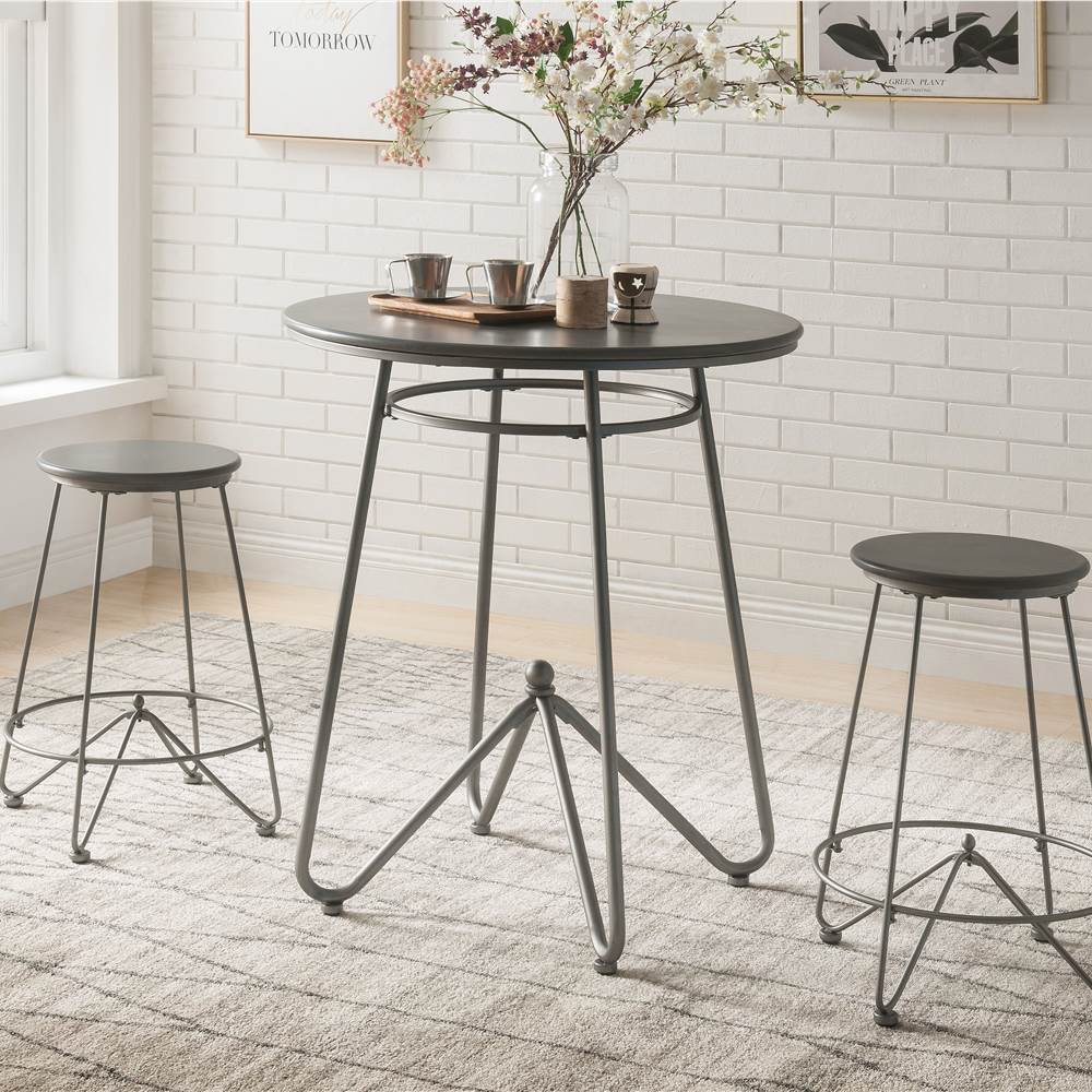 

ACME Nimai 3 Piece Dining Set, Including 1 Counter Height Round Table, and 2 Stools, for Small Apartment, Studio, Kitchen - Gray