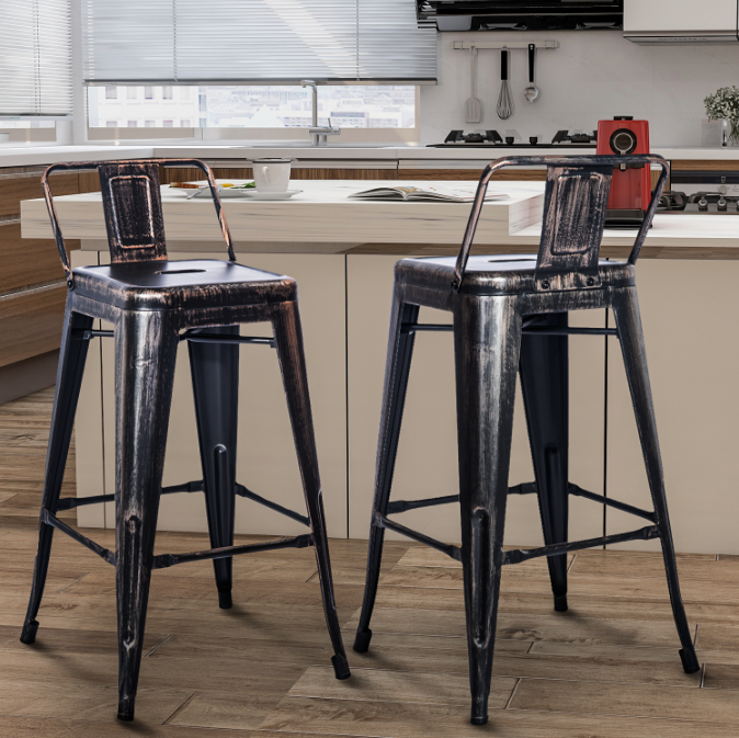 TREXM 2 Piece Metal Bar Stool Set, with Low Back, for Small Apartment, Studio, Kitchen - Black