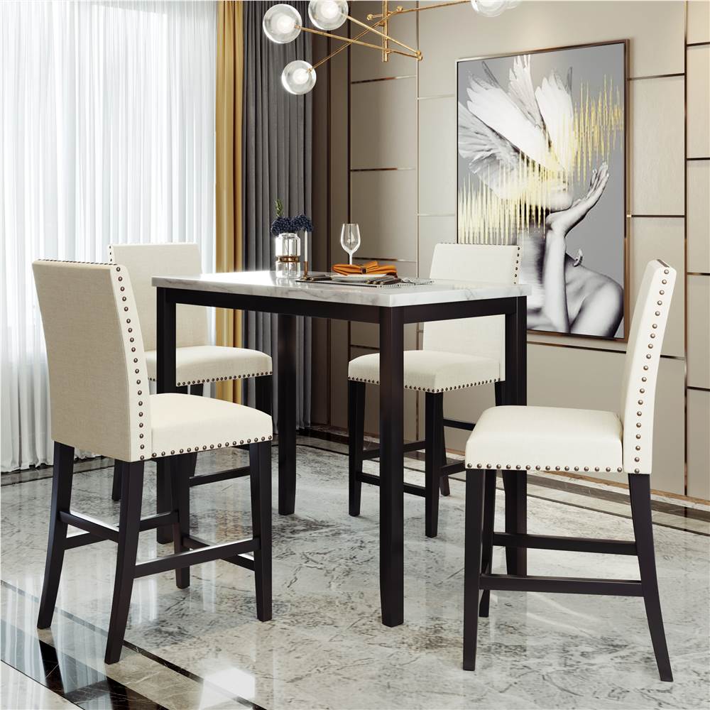 TOPMAX 5 Piece Dining Set, Including 1 Counter Height Faux Marble Table, and 4 Chairs, for Family, Apartment, Studio, Kitchen - Beige