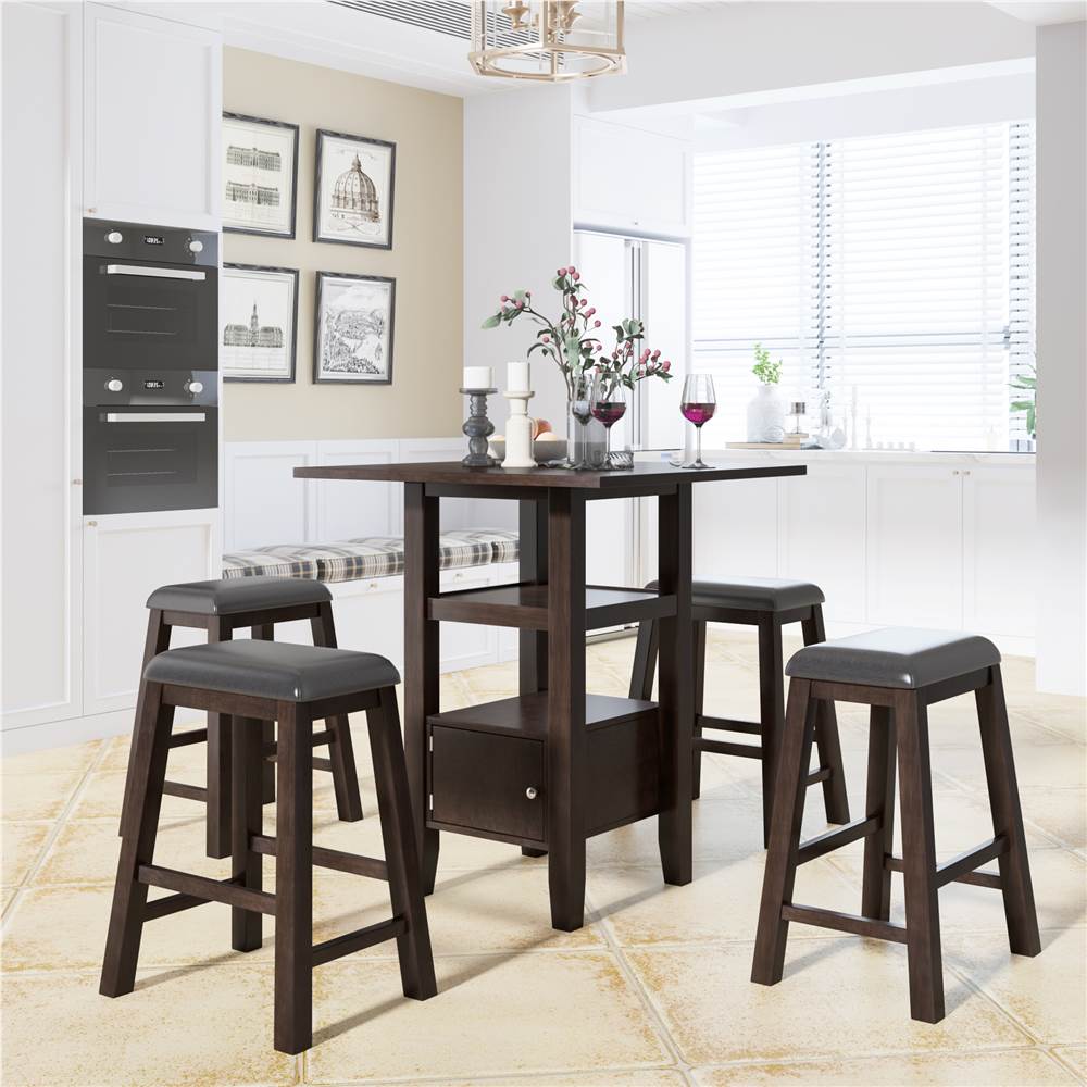 

TOPMAX 5 Piece Wood Dining Set, Including 1 Counter Height Table with Storage, and 4 Upholstered Stools, for Small Apartment, Studio, Kitchen - Brown