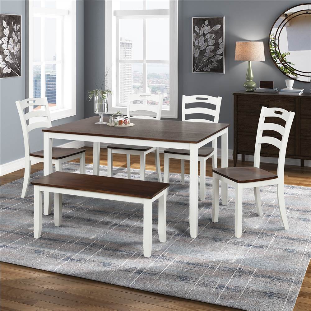 

TOPMAX 6 Piece Wooden Dining Set, Including 1 Table, 1 Bench, and 4 Chairs, for Small Apartment, Studio, Kitchen - Ivory + Cherry