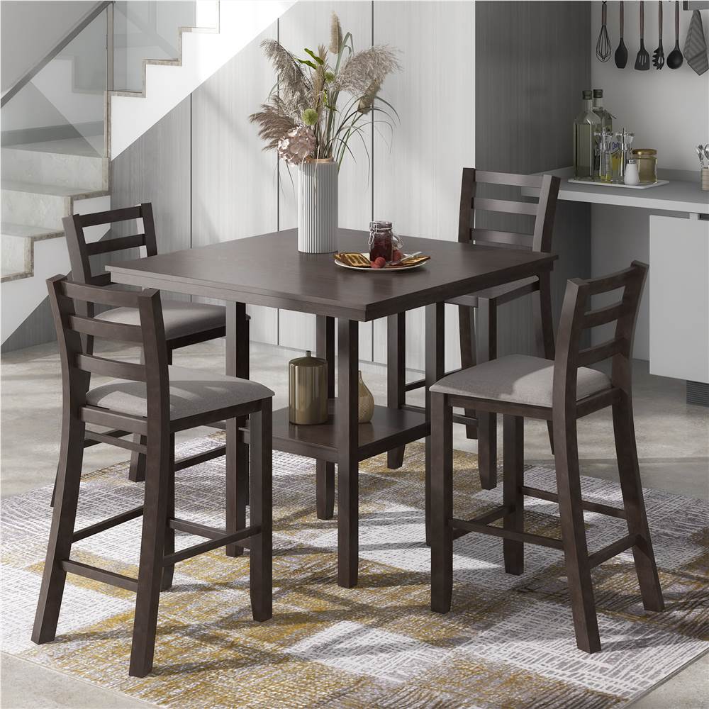

TREXM 5 Piece Dining Set, Including 1 Counter Height Table with Storage Shelf, and 4 Padded Chairs, for Small Apartment, Studio, Kitchen - Espresso