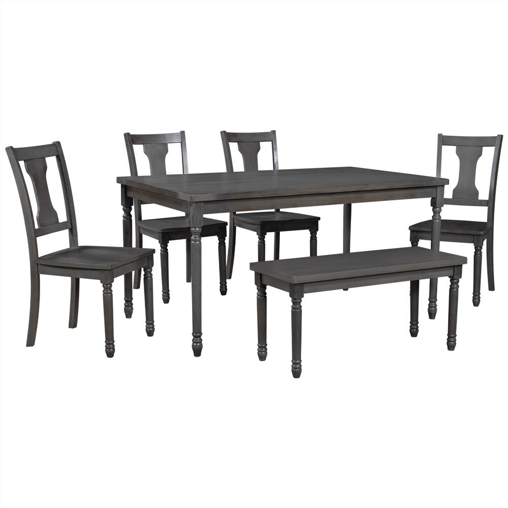 TREXM 6 Piece Dining Set, Including 1 Wooden Table, 1 Bench, and 4 Chairs, for Small Apartment, Studio, Kitchen - Gray