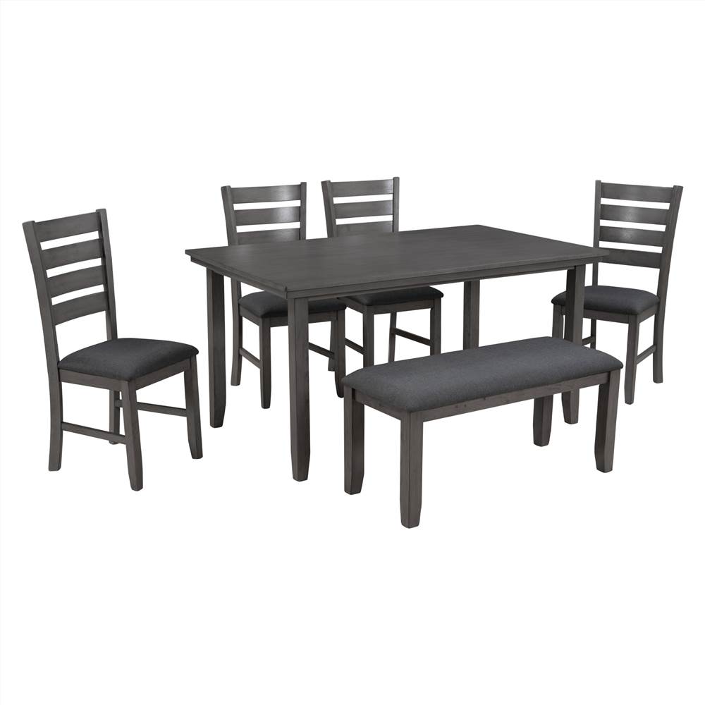 TREXM 6 Piece Rustic Dining Set, Including 1 Table, 1 Bench, and 4 Chairs, for Small Apartment, Studio, Kitchen - Gray