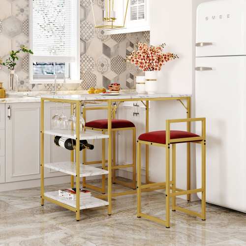 

TOPMAX 3 Piece Counter Height Dining Set, Including 1 Table and 2 Upholstered Bar Stools, with 4 Glass Holders,2 Wine Racks and 3 Open Storage Shelves, for Small Places - Gold