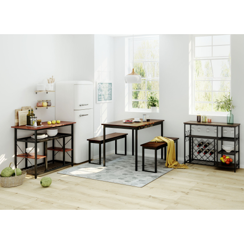 

TOPMAX 5 Piece Rustic Dining Set, Including 1 Faux Marble Table, 2 Benches, Kitchen Island and Wine Rack Table, for Small Places - Brown