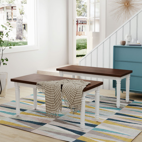 TOPMAX 2 Piece Retro Farmhouse Solid Wood Dining Benches Set, for Small Apartment, Studio, Kitchen - Cherry + White