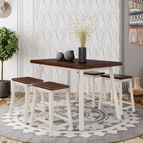 TOPMAX 5 Piece Dining Set, Including 1 Table, and 4 Stools, for Small Apartment, Studio, Kitchen - Cherry + White