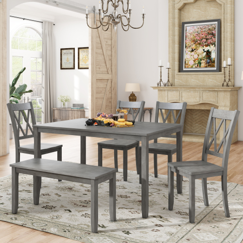 

TOPMAX 6 Piece Farmhouse Rustic Wooden Dining Set, Including 1 Table, 1 Bench, and 4 Chairs with Cross Back, for Small Apartment, Studio, Kitchen - Gray Wash