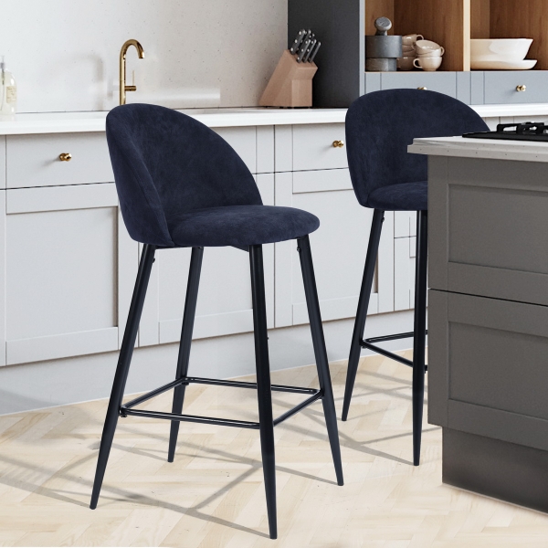 

Fabric Upholstered Bar Stool Set of 2, with Curved Backrest, and High Metal Legs, for Restaurant, Cafe, Tavern, Office, Living Room - Navy