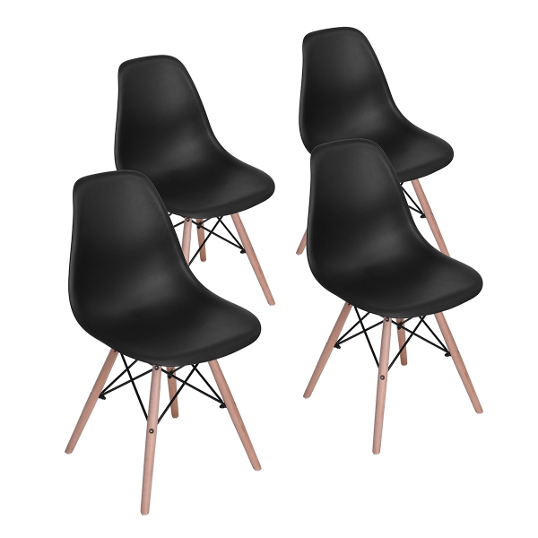 

Plastic Dining Chair Set of 4, with Curved Backrest, and Wood Legs, for Restaurant, Cafe, Tavern, Office, Living Room - Black