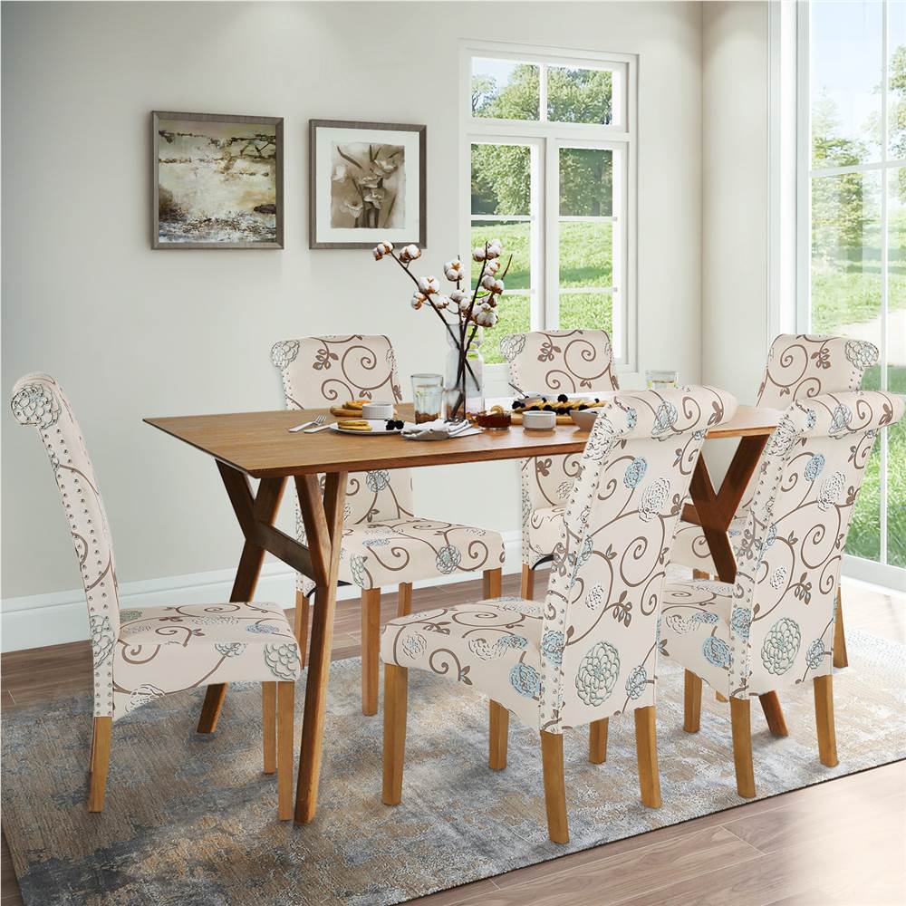 TOPMAX Fabric Upholstered Dining Chair Set of 6, with Nailed Trim Backrest, and Wood Legs, for Restaurant, Cafe, Tavern, Office, Living Room - Floral