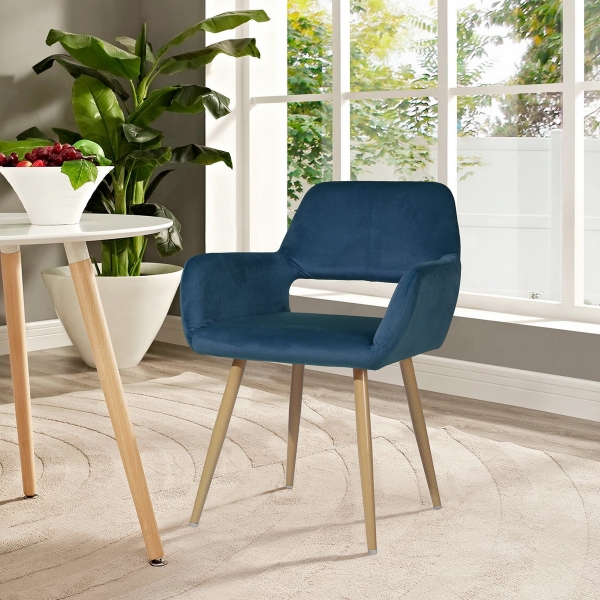 Velvet Upholstered Dining Chair, with Curved Backrest, and Metal Legs, for Restaurant, Cafe, Tavern, Office, Living Room - Blue