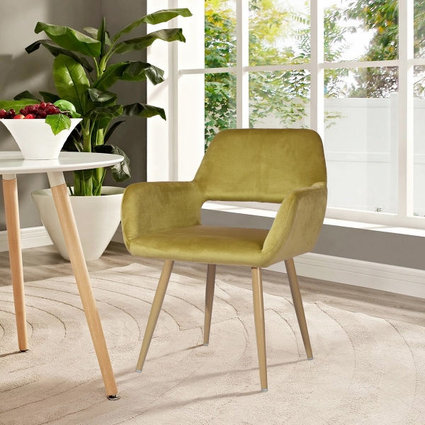 

Velvet Upholstered Dining Chair, with Curved Backrest, and Metal Legs, for Restaurant, Cafe, Tavern, Office, Living Room - Yellow