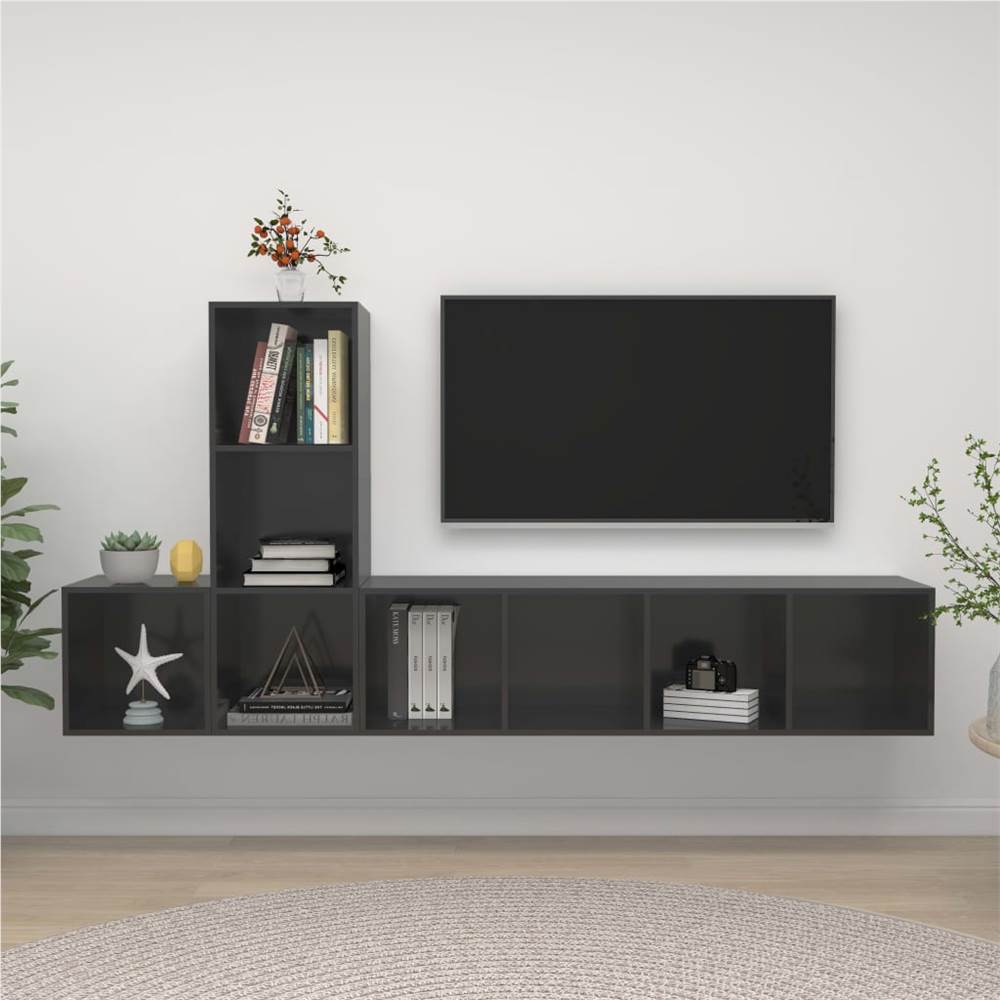 

3 Piece TV Cabinet Set High Gloss Grey Chipboard