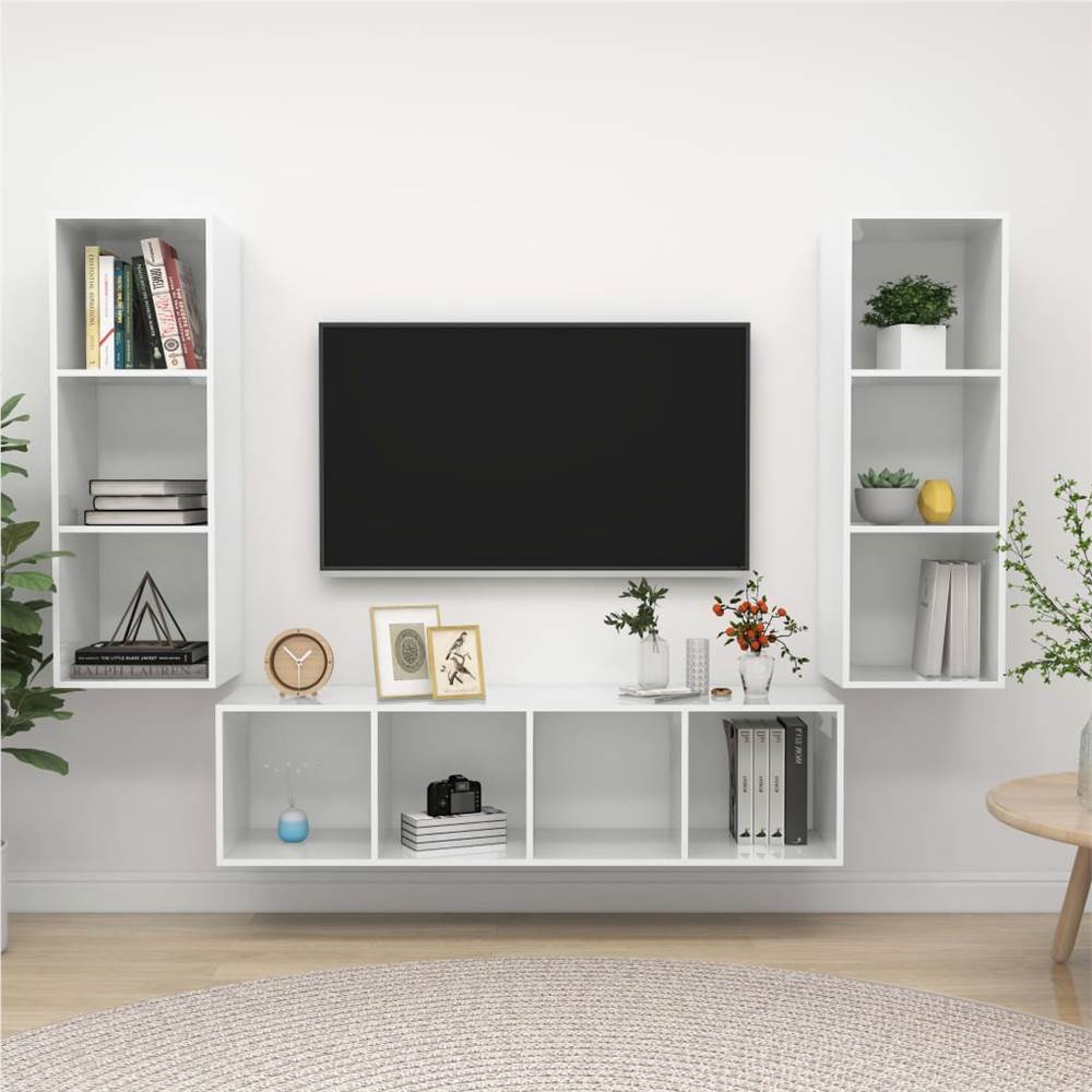 

3 Piece TV Cabinet Set High Gloss White Chipboard