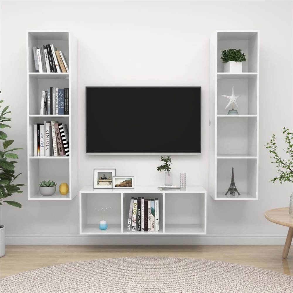 

3 Piece TV Cabinet Set High Gloss White Chipboard