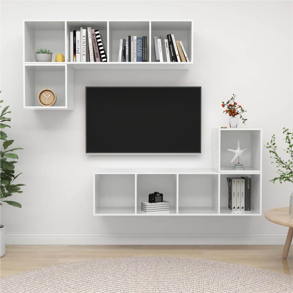 

4 Piece TV Cabinet Set High Gloss White Chipboard