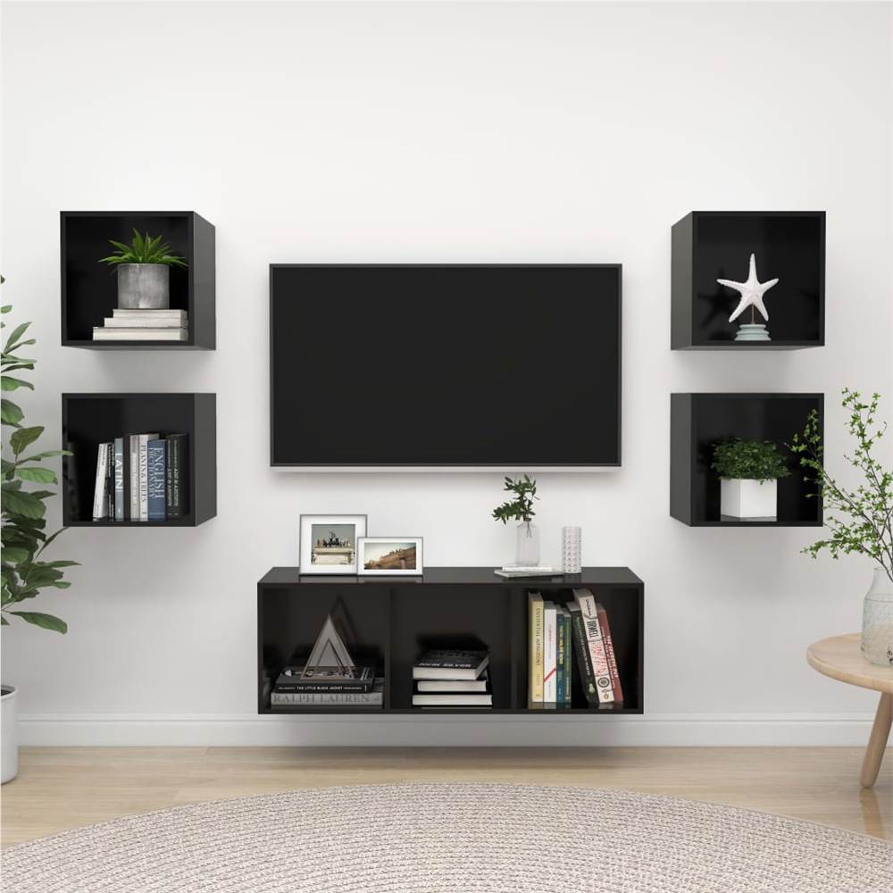 

5 Piece TV Cabinet Set High Gloss Black Chipboard