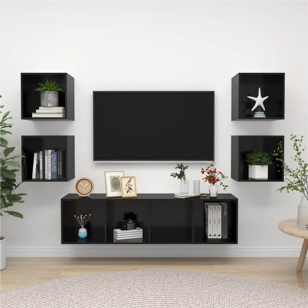 

5 Piece TV Cabinet Set High Gloss Black Chipboard