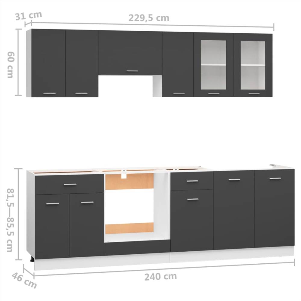 8 Piece Kitchen Cabinet Set Grey Chipboard
