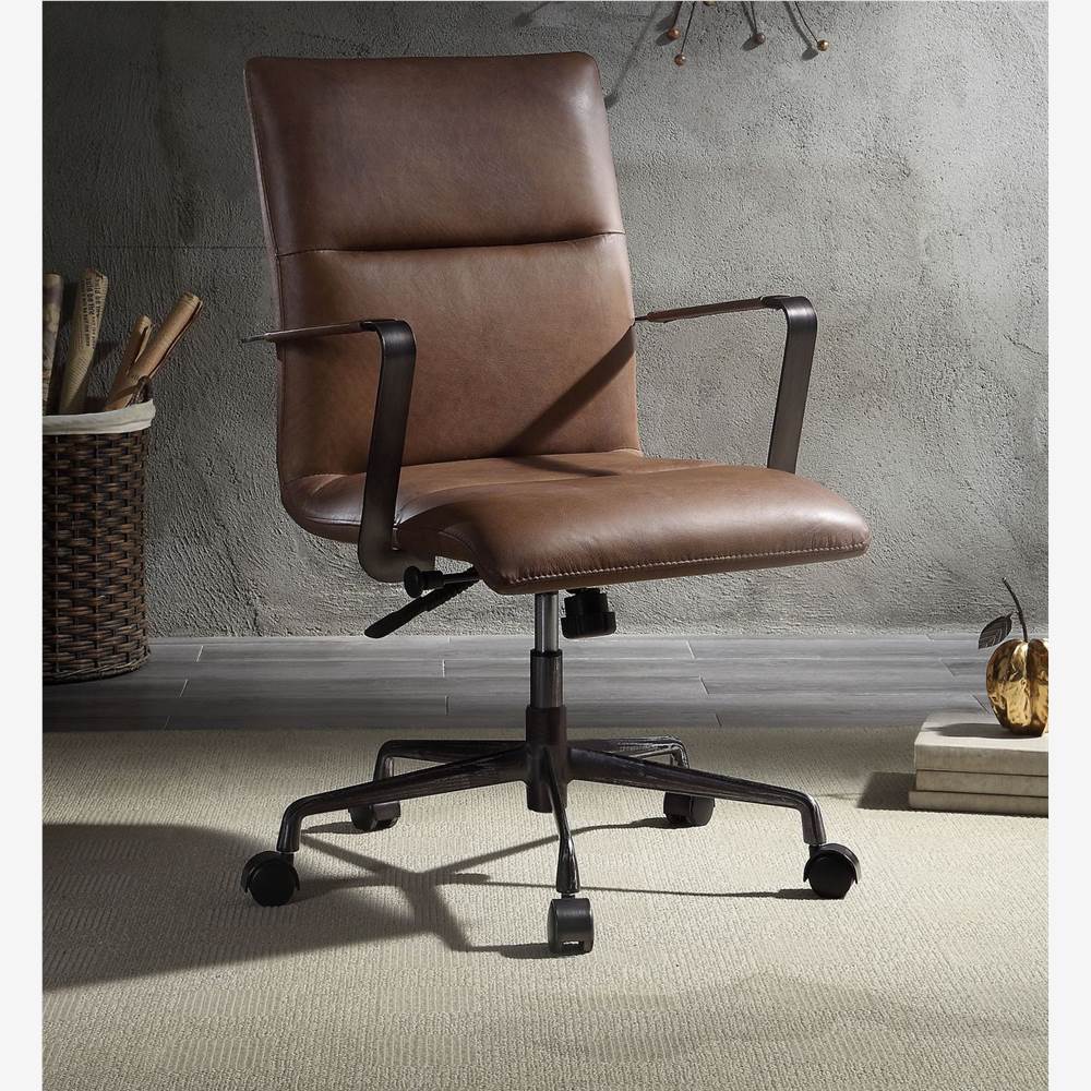 

ACME Indra Leather Upholstered Swivel Office Chair, with High Backrest, and Metal Frame, for Restaurant, Cafe, Tavern, Office, Living Room - Brown