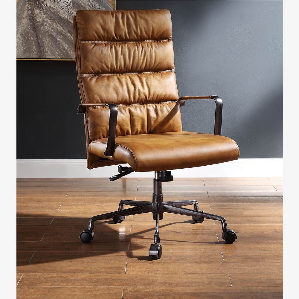 

ACME Jairo Leather Upholstered Swivel Office Chair, with High Backrest, and Metal Frame, for Restaurant, Cafe, Tavern, Office, Living Room - Brown