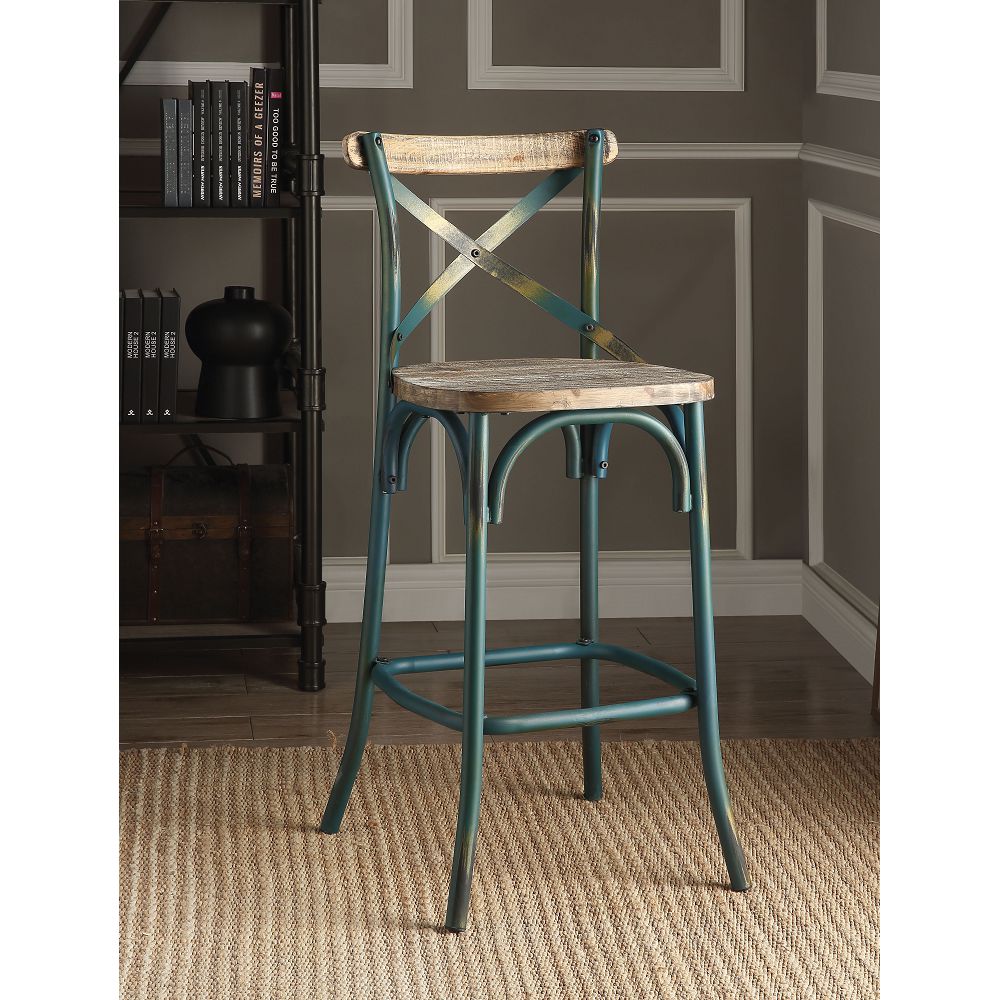 ACME Zaire Wood Dining Chair with X-shaped Backrest, and Metal Frame, for Restaurant, Cafe, Tavern, Office, Living Room - Blue + Oak