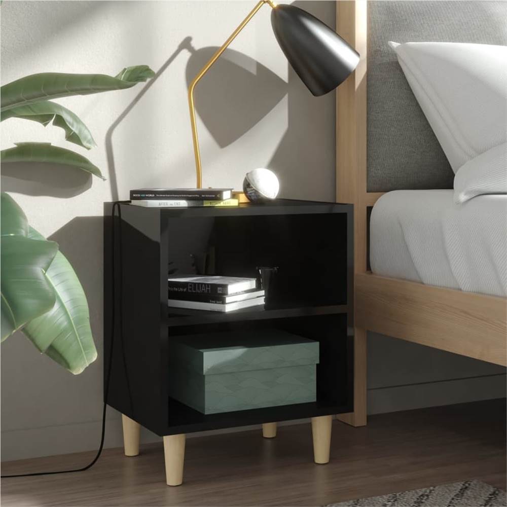 

Bed Cabinet with Solid Wood Legs High Gloss Black 40x30x50cm