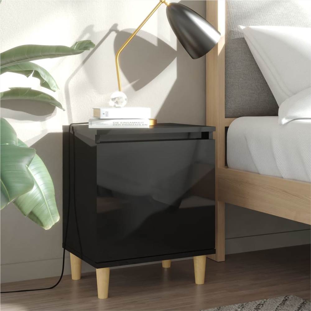 

Bed Cabinet with Solid Wood Legs High Gloss Black 40x30x50cm