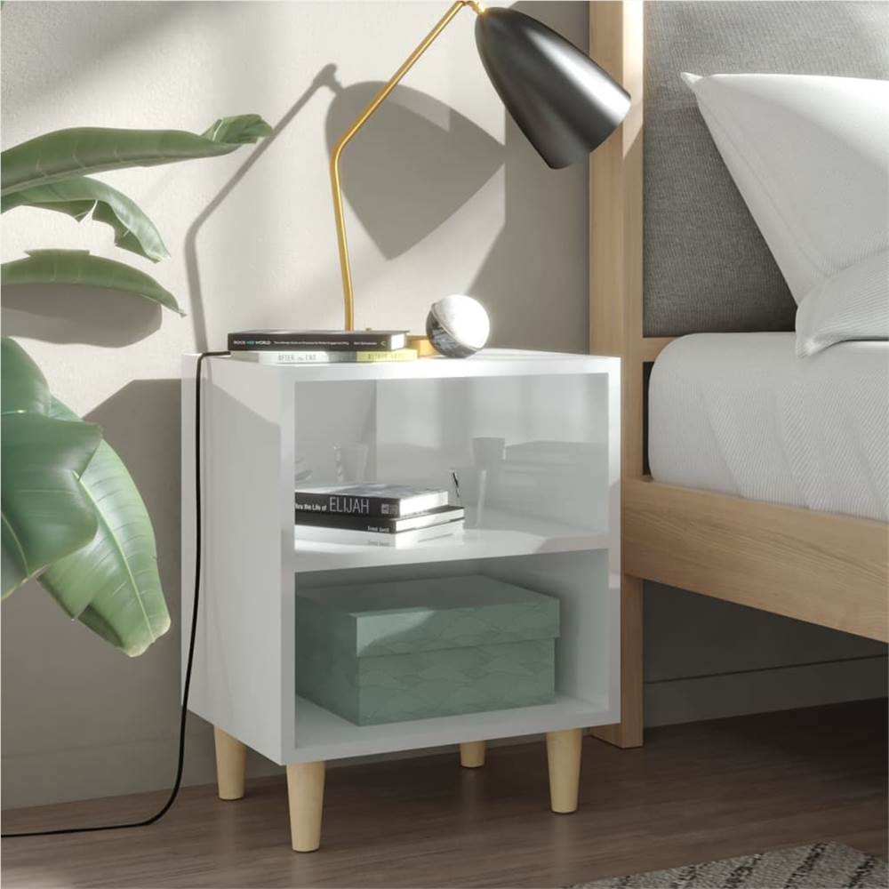 

Bed Cabinet with Solid Wood Legs High Gloss White 40x30x50cm