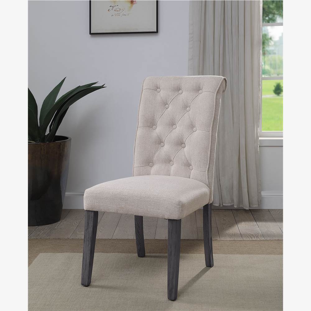 ACME Yabeina Linen Upholstered Dining Chair Set of 2, with Botton Tufted Backrest, and Wood Legs, for Restaurant, Cafe, Tavern, Office, Living Room - Beige