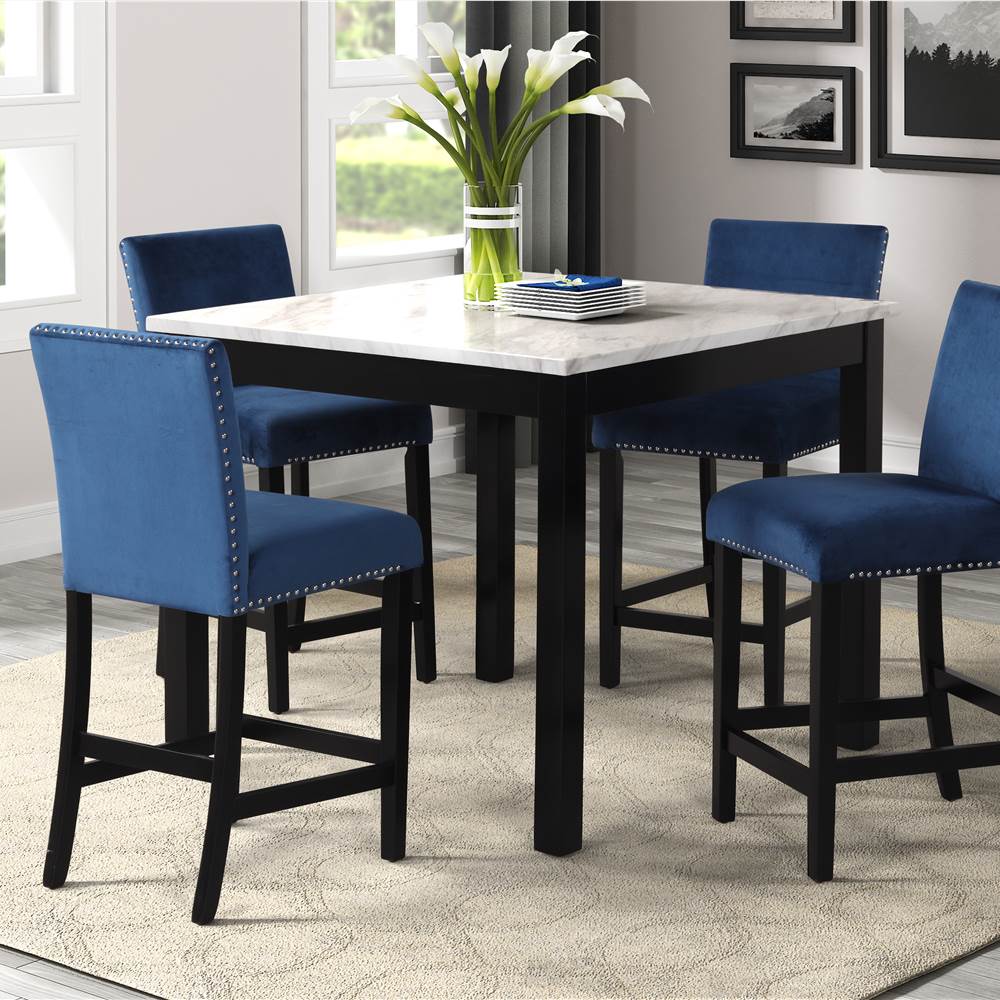 5 Piece Counter Height Dining Table Set with 4 Chairs for Kitchen, Living Room, Bar, Restaurant - Blue