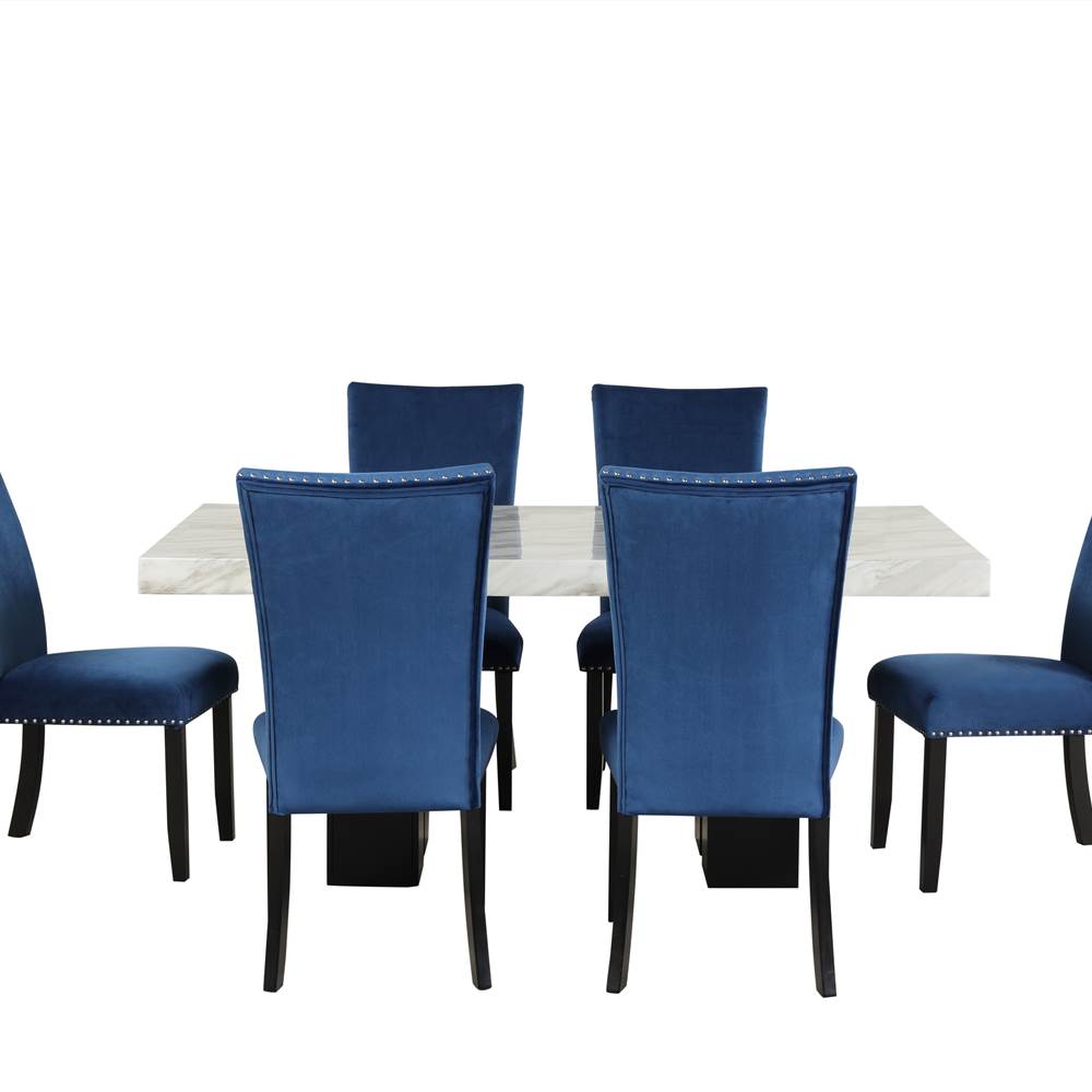 7 Piece Faux Marble Dining Table Set with 6 Velvet Chairs Blue