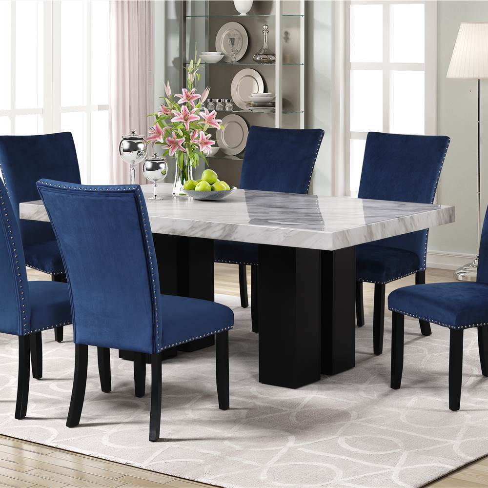 7 Piece Faux Marble Dining Table Set with 6 Velvet Chairs for Kitchen, Living Room, Bar, Restaurant - Blue