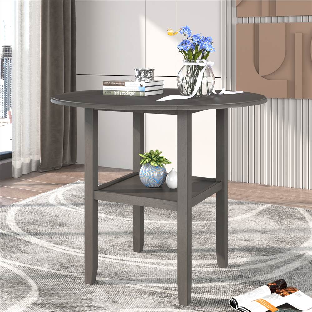 TREXM Farmhouse Round Counter Height Folding Dining Table with Wooden Frame and Storage Shelf, for Restaurant, Cafe, Tavern, Living Room - Gray