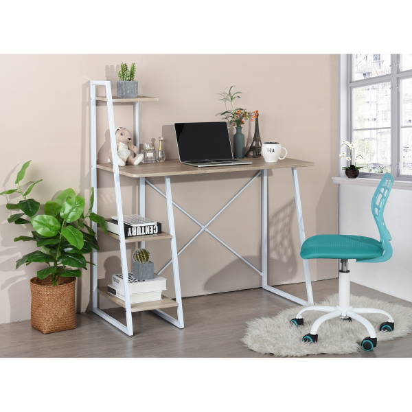 

Home Office Computer Desk with 4-Layer Storage Shelf, Wooden Tabletop and Metal Frame, for Game Room, Office, Study Room - Oak + White