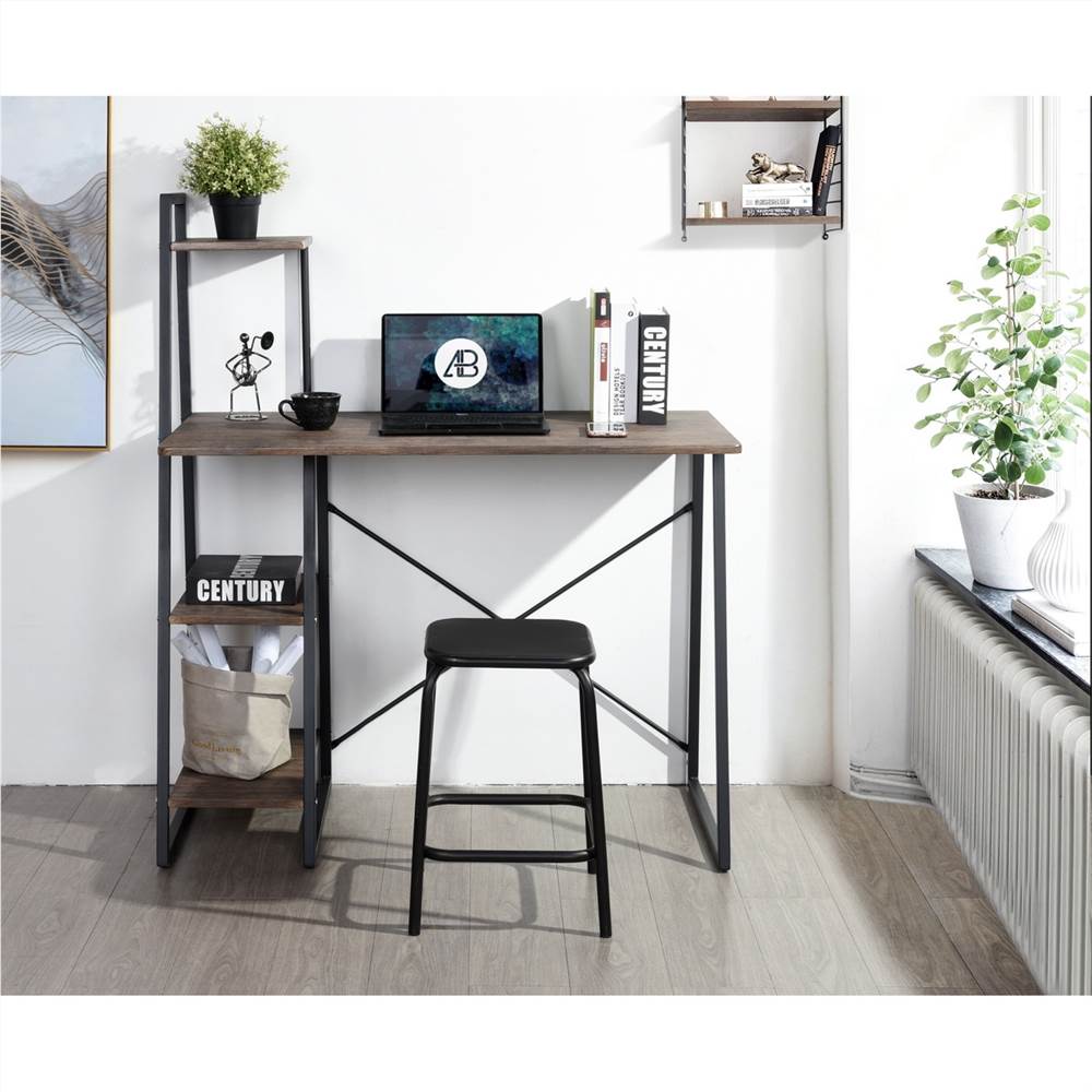 Home Office Computertisch mit 4-lagigem Ablageregal, Holztischplatte und Metallrahmen, für Spielzimmer, Büro, Arbeitszimmer - Walnuss + Schwarz