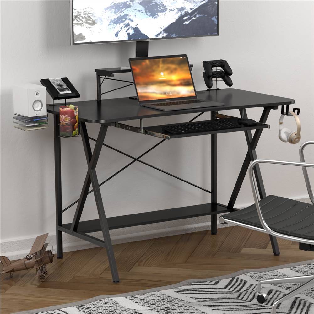 

Home Office 47" Computer Desk with PC Stand, Keyboard Tray, MDF Tabletop and Metal Frame, for Game Room, Small Space, Study Room - Black