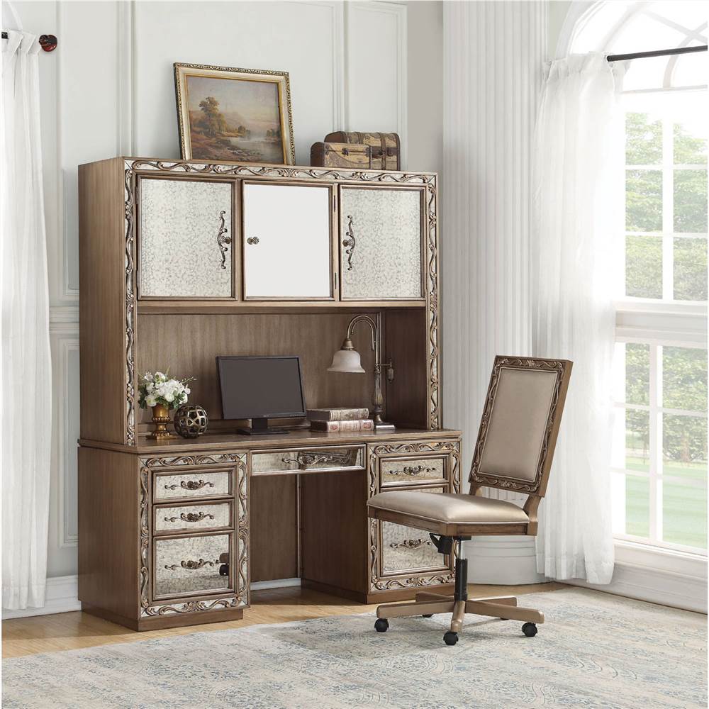 Компьютерный стол для домашнего офиса ACME Orianne с 3 шкафами для хранения, 7 ящиками и деревянной рамой, для игровой комнаты, небольшого пространства, кабинета - античное золото