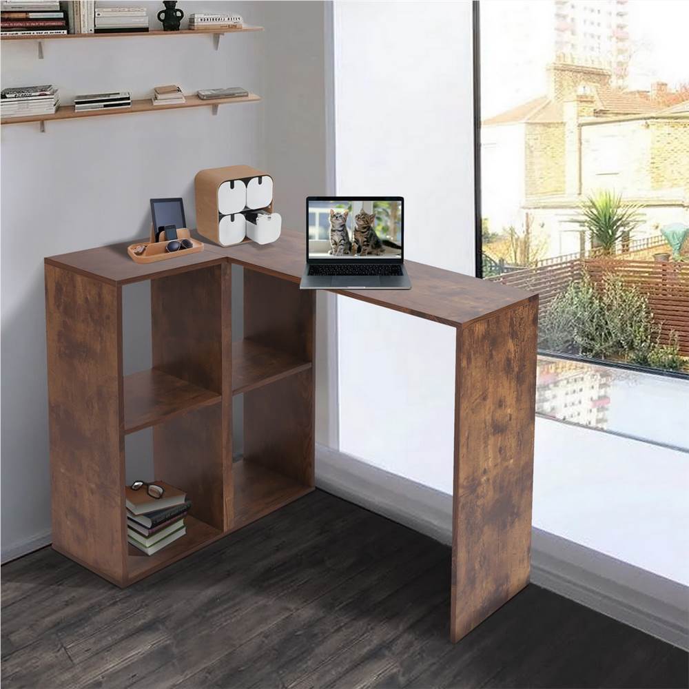 Home Office Reversible L-Shaped Computer Desk with Storage Shelves and Wooden Frame, for Game Room, Office, Study Room - Brown