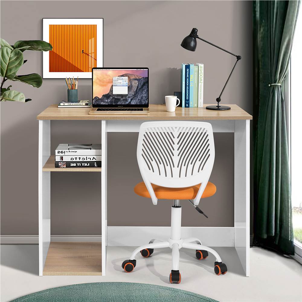 Home Office 35" Computertisch mit 2-lagigem Ablageregal und Holzrahmen, für Spielzimmer, Büro, Arbeitszimmer - Eiche