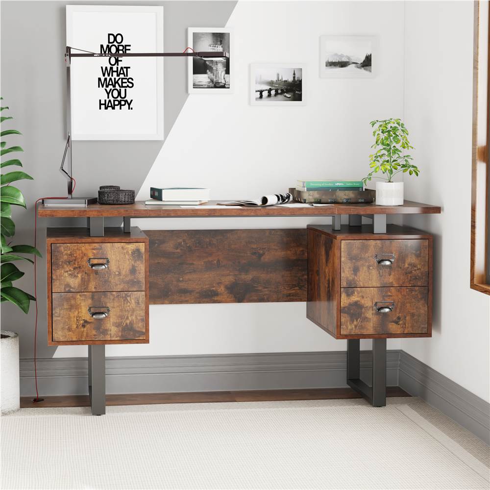 Home Office Computertisch mit 4 Schubladen, MDF-Tischplatte und Metallrahmen, für Spielzimmer, Büro, Arbeitszimmer - Rustikales Braun